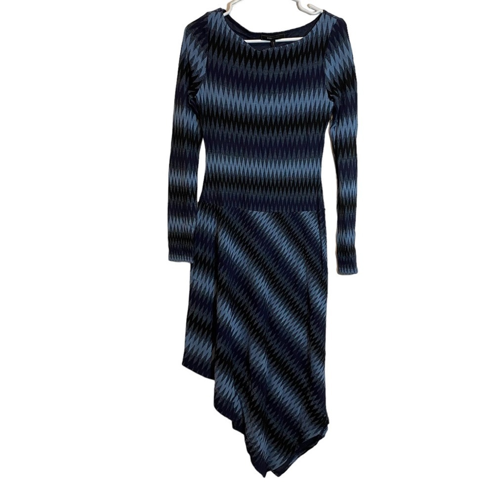 BCBGMaxazria Long Sleeves Blue Asymmetrical Sweater Fit and Flare Dress Size S